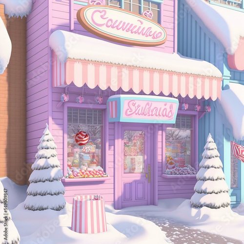 sugarcandy pastel christmas shops, snow, winter, spruce trees, volumetric photo