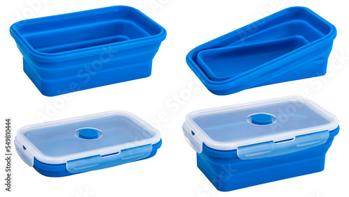 Collapsible silicone food storage containers, kitchen food boxes. Food Storage Container. Silicone Lunch Box. Foldable and hermetic seal insulated on a white background. BLUE