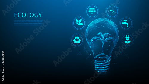 tree growth light bulb digital technology. environment save world. globe ecology and energy low poly wireframe. renewable energy and innovation. resources sustainable with icon. vector illustration.