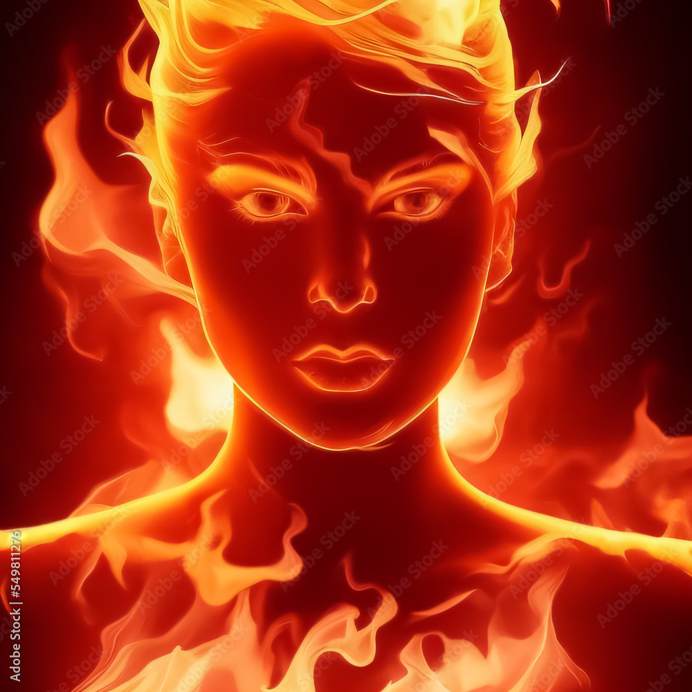 digital drawing of a woman's fiery head surrounded by flames