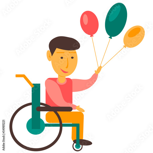 Vector illustration of a person with disabilities. Man in a wheelchair. A man in a wheelchair with balloons. Disability Day. Isolated