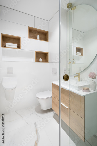 Wallpaper Mural Stylish white bathroom in marble and wood Torontodigital.ca