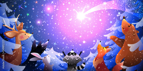 Magical winter forest snowfall scene with woodland animals watching shooting stars in sky. Animals in winter magical woods at night and sky with stars. Christmas or New Year greeting card. Vector