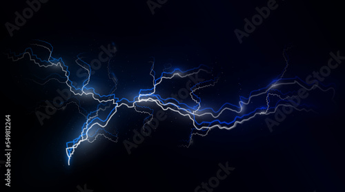Light blue and white isolated vector lightning png. Magic light abstract lines. Realistic natural lightning neon effects, black transparent background.	