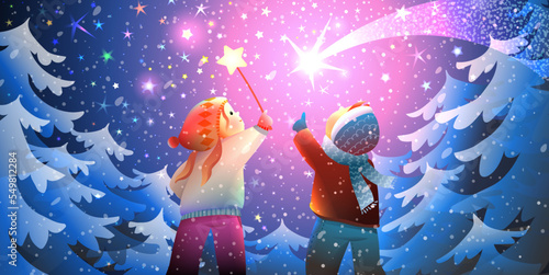Magical winter forest scene with children watching shooting stars in sky, making wish. Boy and girl kids friends in magical winter woods. Christmas or New Year greeting card. Vector illustration.