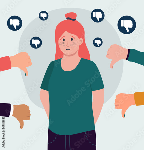 Sad Girl Surrounded By Hands With Thumbs Down. Social Disapproval Vector Illustration In Flat Style
