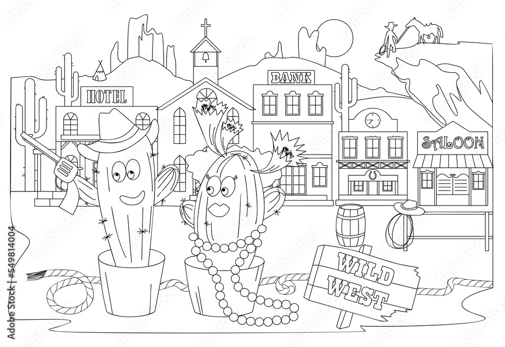 Coloring page with Wild West Cactus cowboy and cowgirl. Landscape with Western city. Cacti flower pots. Cartoon sketch vector illustration.