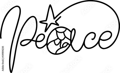 Peace monoline calligraphy text and Christmas Vector religious Nativity Scene of baby Jesus with Joseph and Mary. Minimalist art line drawing, print and logo design
