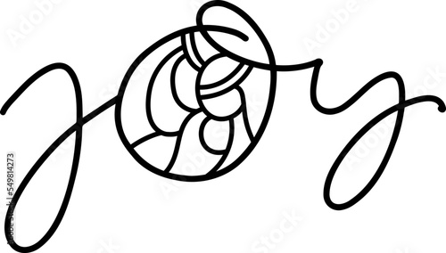Joy monoline calligraphy text and Christmas Vector religious Nativity Scene of baby Jesus with Joseph and Mary. Minimalist art line drawing, print and logo design