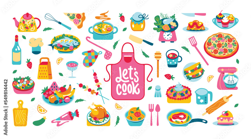 A large set of food and kitchen utensils. Dishes, dishes, sweets, ingredients. Recipe for home cooking
