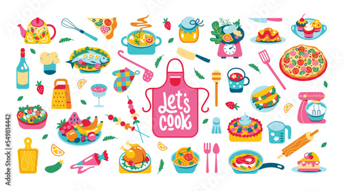A large set of food and kitchen utensils. Dishes, dishes, sweets, ingredients. Recipe for home cooking