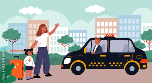 Fototapeta Naklejka Na Ścianę i Meble -  Cartoon people call taxi car. Mom and daughter vote on roadside. Passengers with luggage. Urban transport service. Cab order. Family automobile town transportation. Garish vector concept
