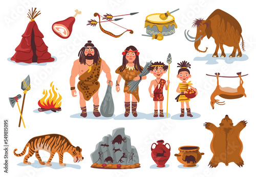 Cartoon stone age elements. Primitive family. Caveman tools or prehistoric humans. Hunting weapon. Wild animals and primeval people. Saber-toothed tiger and mammoth. Splendid vector set