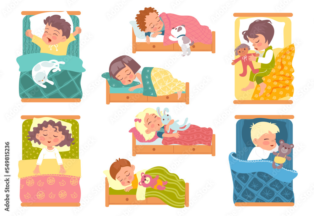 Children lying in beds. Boys or girls sleep in different poses. Cute little kids dream. Patterned bedding linen. Pets and soft toys. Night rest. Babies in cozy pajamas. Splendid vector set
