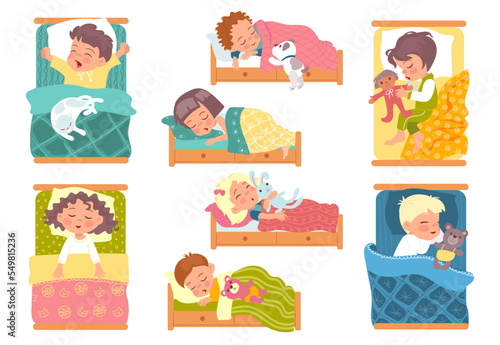 Children lying in beds. Boys or girls sleep in different poses. Cute little kids dream. Patterned bedding linen. Pets and soft toys. Night rest. Babies in cozy pajamas. Splendid vector set
