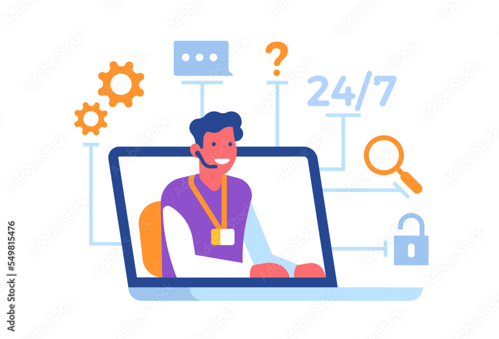 Customer service. Online feedback. Laptop and call center operator. Web hotline. Consultant help. Man with headset. 24 7 support. Internet hotline. Network technology. Vector concept Customer service. Online feedback. Laptop and call center operator. Web hotline. Consultant help. Man with headset. 24 7 support. Internet hotline. Network technology. Vector concept