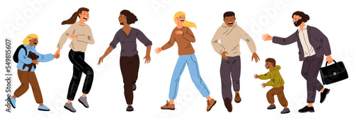Frightened people running. Fleeing in panic persons. Negative emotion. Parents saving children. Scared characters escape. Terrified men and women. Phobia or stress. Garish vector set