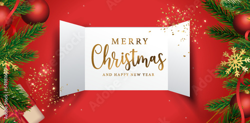 Open advent calendar doors surrounded by christmas decorations. Advent Calendar Doors opening with snowflakes and glitter. Vector illustration.