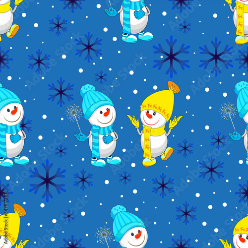 Seamless background, pattern, postcard. Merry Christmas with snowmen.