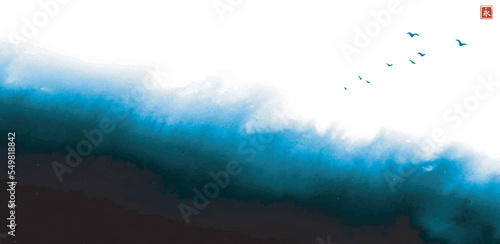 Ink wash painting of seascape with seagulls over the blue stormy sea. Traditional oriental ink painting sumi-e, u-sin, go-hua. Translation of hieroglyph - eternity