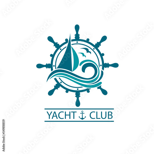 icon of sailing yacht, helm and ocean waves with seagulls