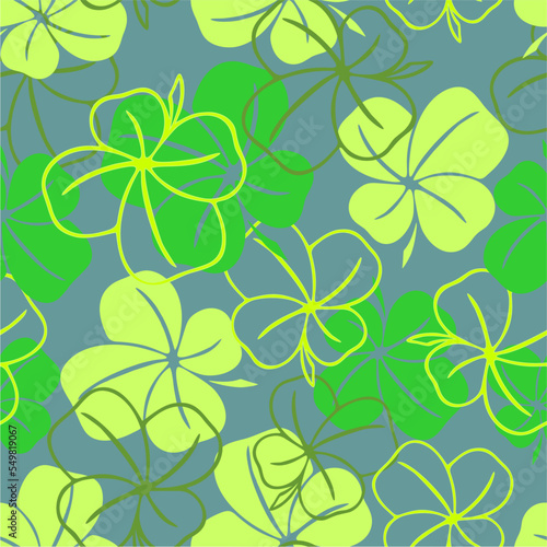 seamless pattern of green contours and silhouettes of a four-leaf clover on a blue background  texture design