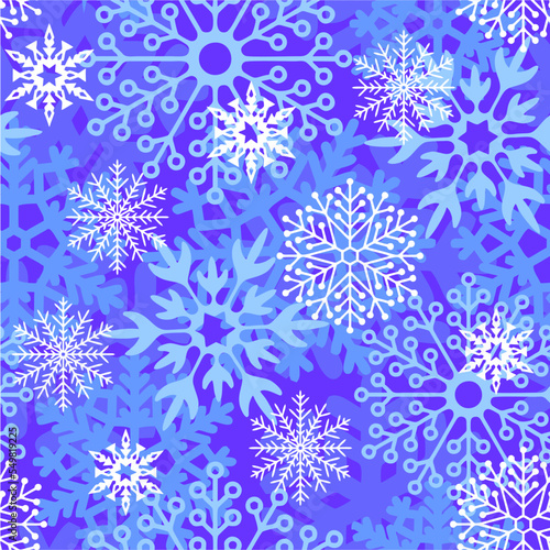 seamless asymmetric pattern of multicolored snowflakes on a blue background, texture, design