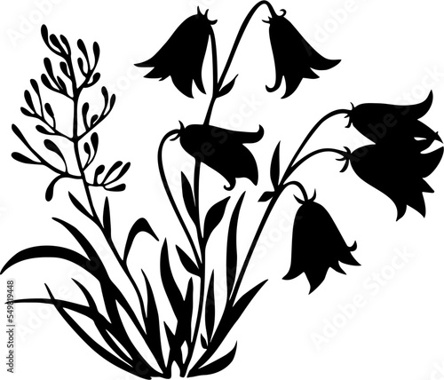 black graphic silhouette of bell flowers on a white background, isolated element, decor
