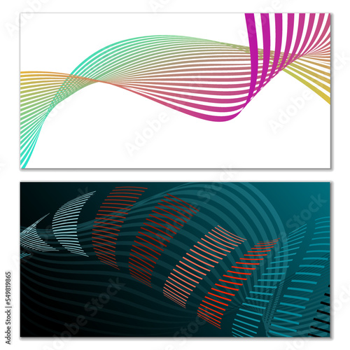 Wavy lines or ribbons. Set. Multicolored striped gradient. Creative unusual background with abstract gradient wave lines for creating trendy banner, poster. Vector eps