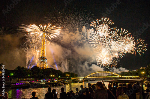 Canvas Print Fireworks over the Seine in Paris, France on Bastille Day.
