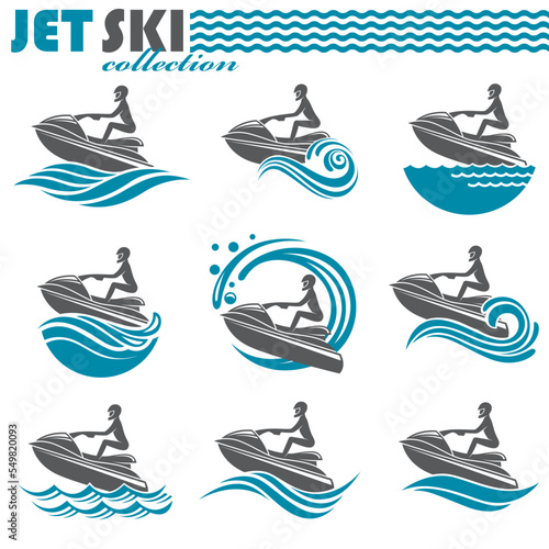 collection of jet ski rental icons isolated on white background