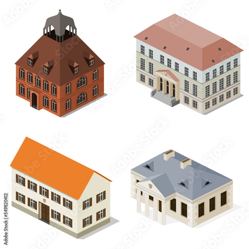 Set of city halls, town halls, residentals, isometric architecture.