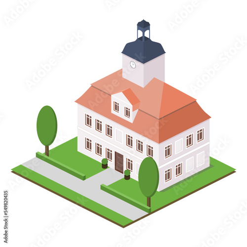 Isometric residental, city hall, town hall with tower.