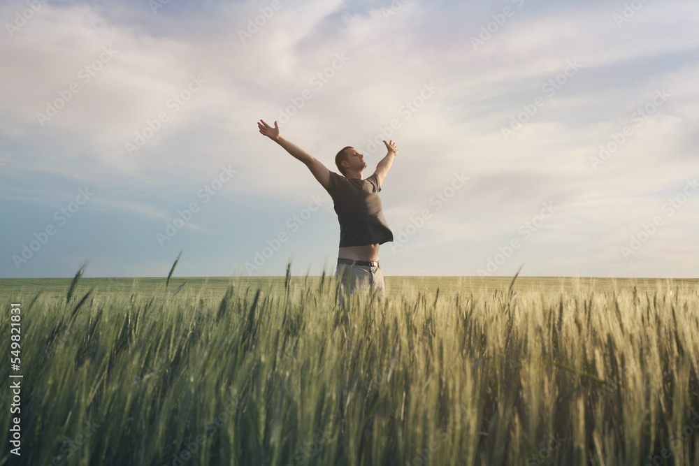 Happy man raise hands on wheat field and sky soft landscape. Light delicate pastel color tone. Nature horizontal background with copy space. Happy man raise hands on wheat field and sky soft landscape. Light delicate pastel color tone. Nature horizontal background with copy space.