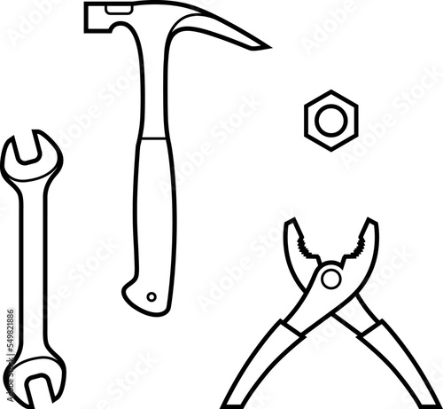Tools set - hammer, wrench, pliers and steel nut. Flat black image, icon, isolated background.