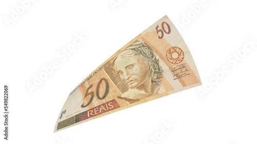 50 reais flying alone on a transparente background. Money from Brazil. 3d rendering.  photo