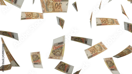 Several banknotes of money flying  on a transparente background. 50 reais. Money from Brazil. 3d rendering. photo