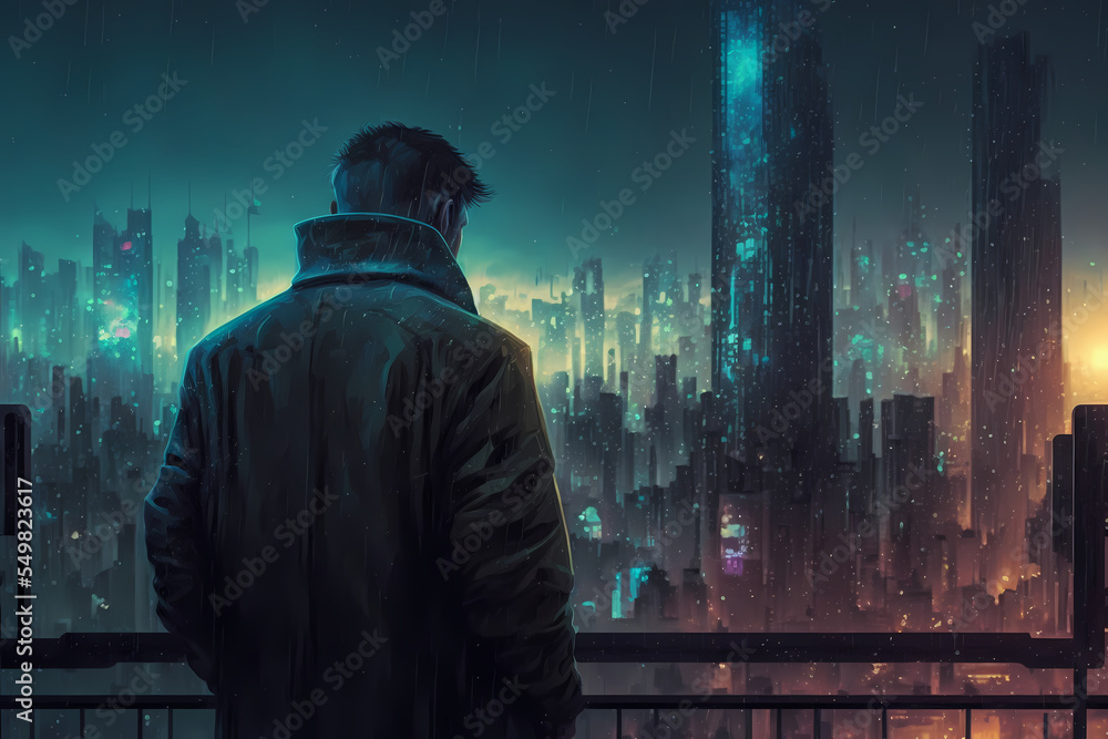 Cyberpunk City Landscape a young man looking at the megacity, concept digital art, illustration Cyberpunk City Landscape a young man looking at the megacity, concept digital art, illustration