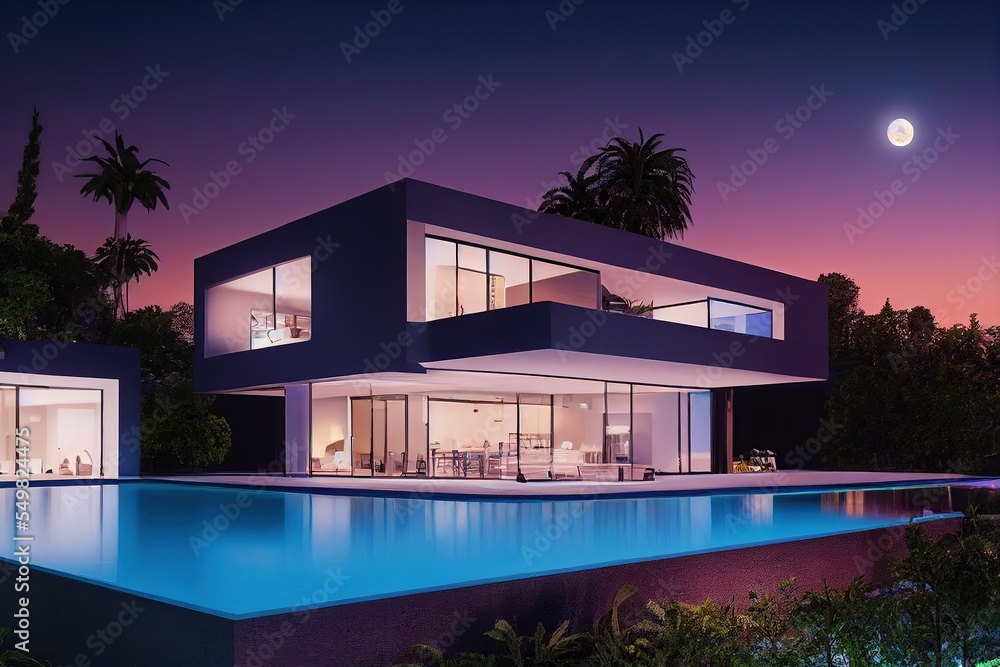 A modern dream villa with bright light curved moon
