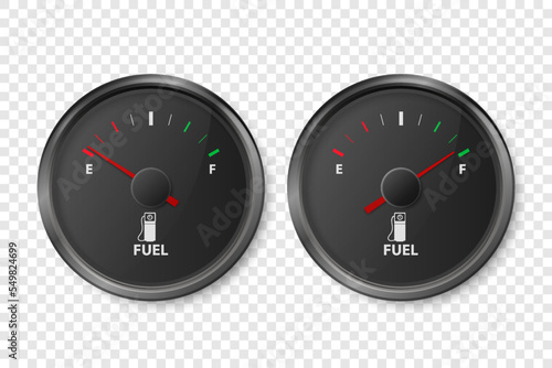 Vector 3d Realistic Black Gas Fuel Tank Gauge, Oil Level Bar Set Isolated. Full and Empty. Car Dashboard Details. Fuel Indicator, Gas Meter, Sensor. Design Template