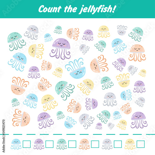 The game. Count the jellyfish. Preschool development. Colored jellyfish.
