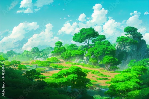 Painting of beautiful green landscape with a blue sky