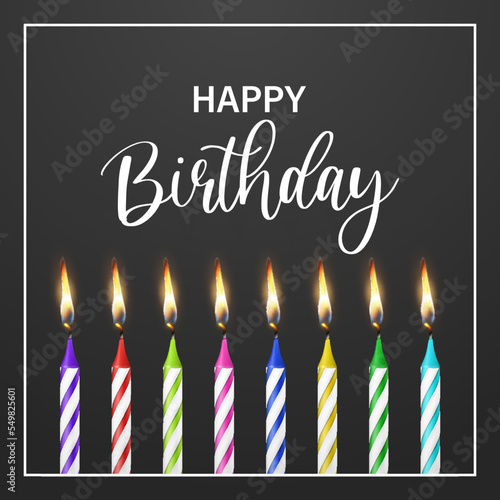 Happy Birthday. Vector Banner, Greeting Card with 3d Realistic Paraffin or Wax Burning Birthday Party Candle and Flame Set on Black Background. Design Template, Clipart, Birthday Concept