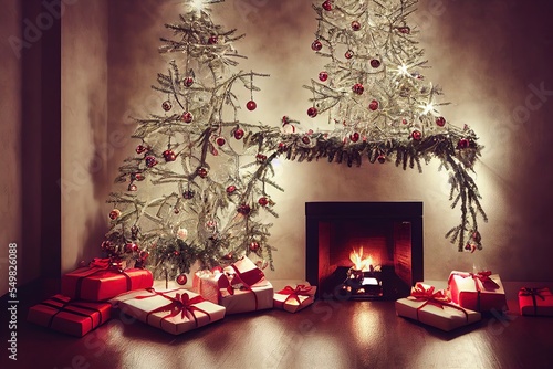 Christmas Treewith gifts and Decorations Near a Fireplace photo