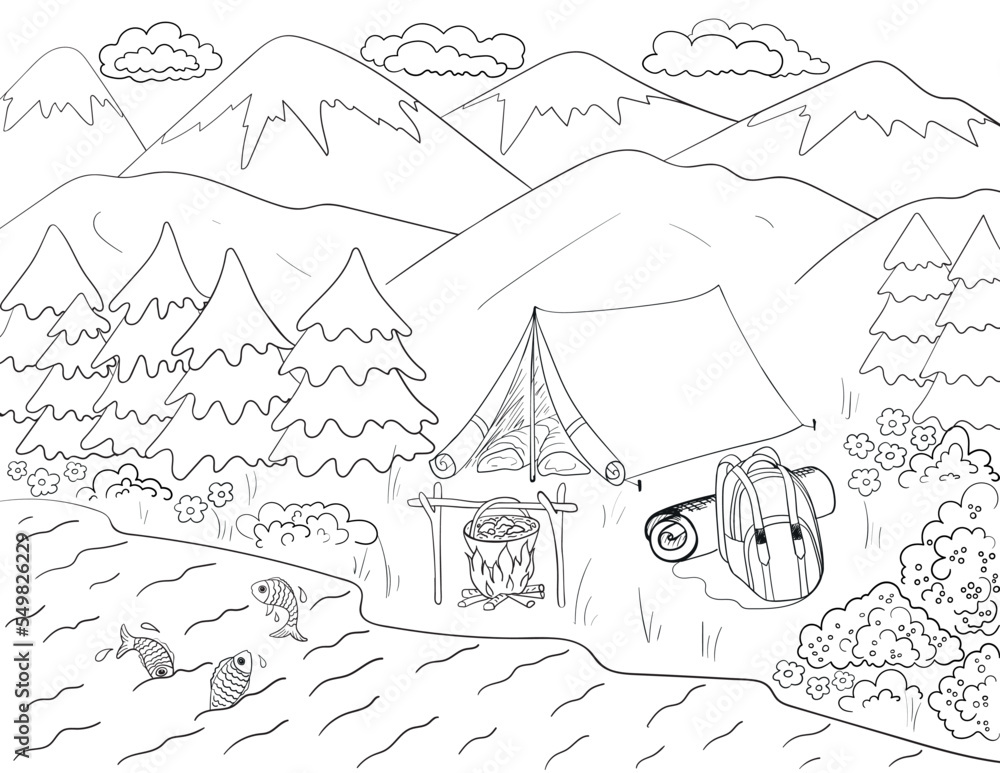 Fishing coloring page camping near the river with fire place. Mountains and forest near the river, fish, fire, cooking outdoor, backpack and tent, retro tourist equipment, bushes with berries.