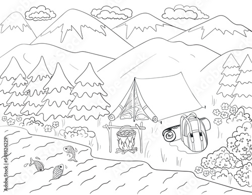 Fishing coloring page camping near the river with fire place. Mountains and forest near the river, fish, fire, cooking outdoor, backpack and tent, retro tourist equipment, bushes with berries.