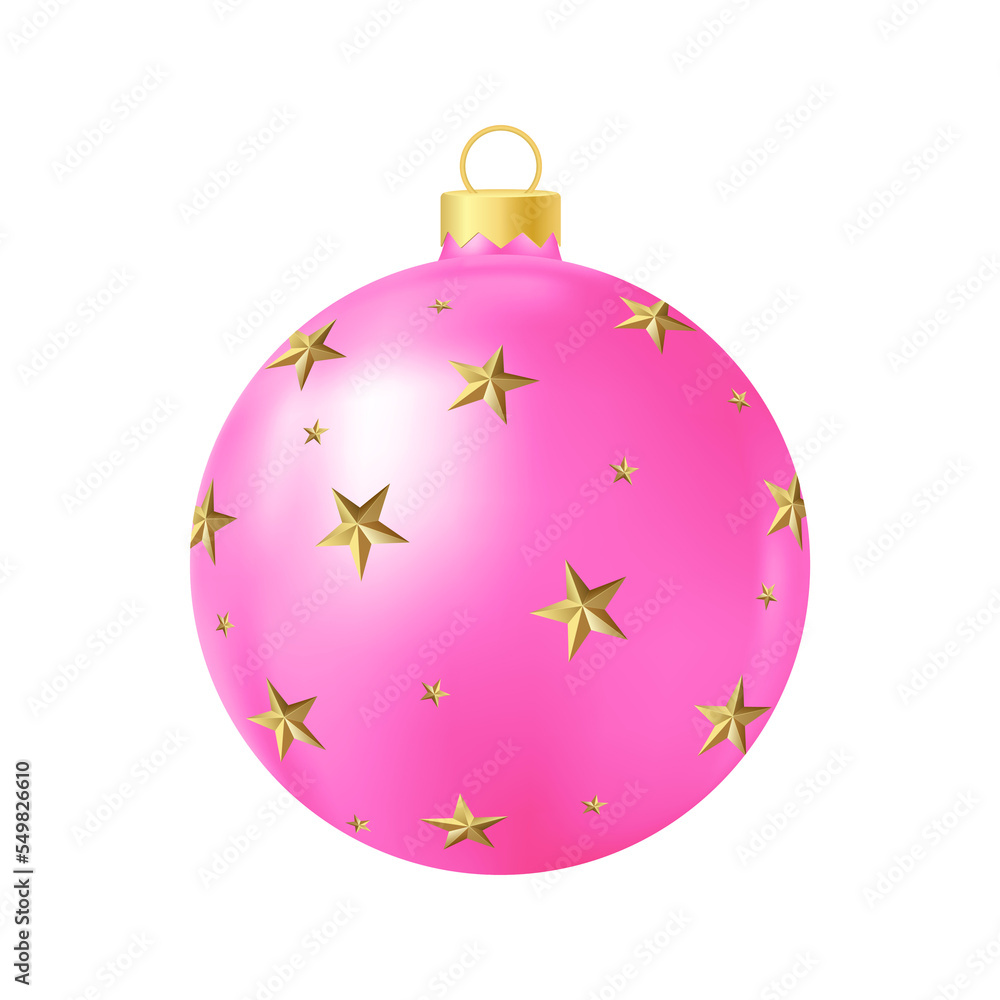 Pink Christmas tree toy with golden stars Realistic color illustration Pink Christmas tree toy with golden stars Realistic color illustration