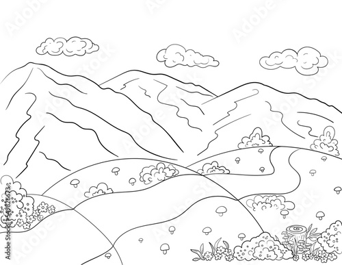 Mountain landscape coloring book page. Mountains with trail, bushes, berries, flowers and mushrooms. Outline, sketch.