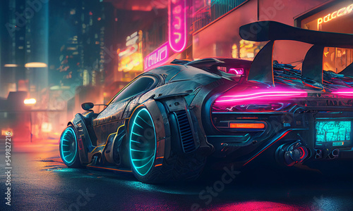 Supersport car parked on the street at cyberpunk city illuminated with neon lights. Postproducted generative AI illustration.