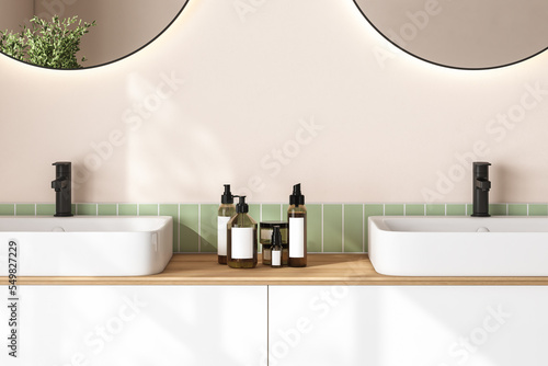 3D render close up white vanity counter with ceramic washbasin and modern style faucet in a bathroom with morning sunlight and shadow. Blank space for products display mockup. Background, Wall tiles.